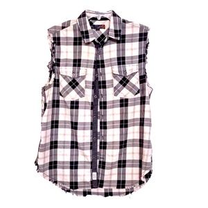 🌞 Guess sleeveless distressed muscle shirt button up collar pockets plaid S